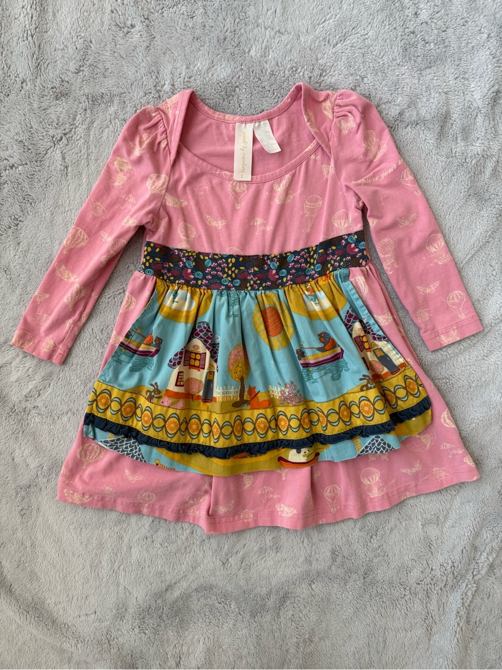 Matilda Jane Pink Long-Sleeve Dress with Colorful Printed Apron Skirt